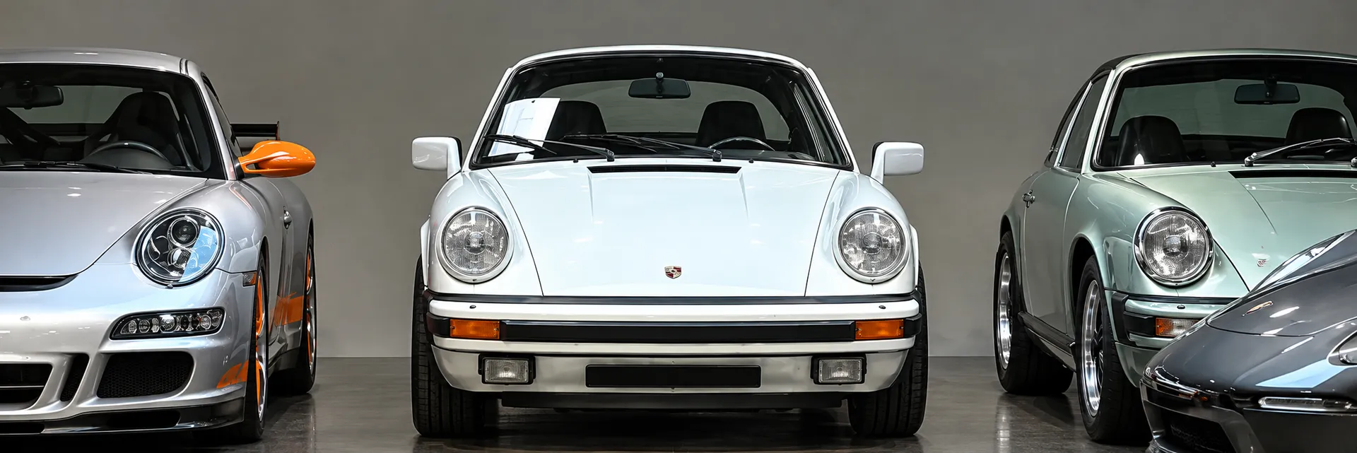 Porsche 911 blanche entre une 911 GT3 et une 911 classique, showroom We Love Cars à Uccle